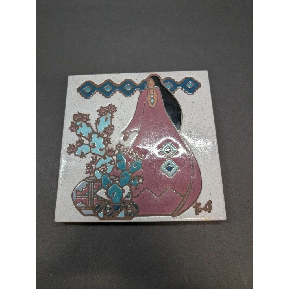 Earthtones Ceramic Tile Trivet Native American Woman Flowers 1990 -6